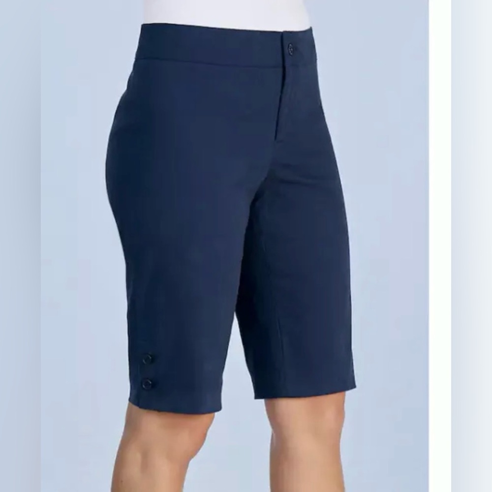 Women's Navy Blue Bermuda Shorts Knee Length Button Detail Dressy Casual 24W